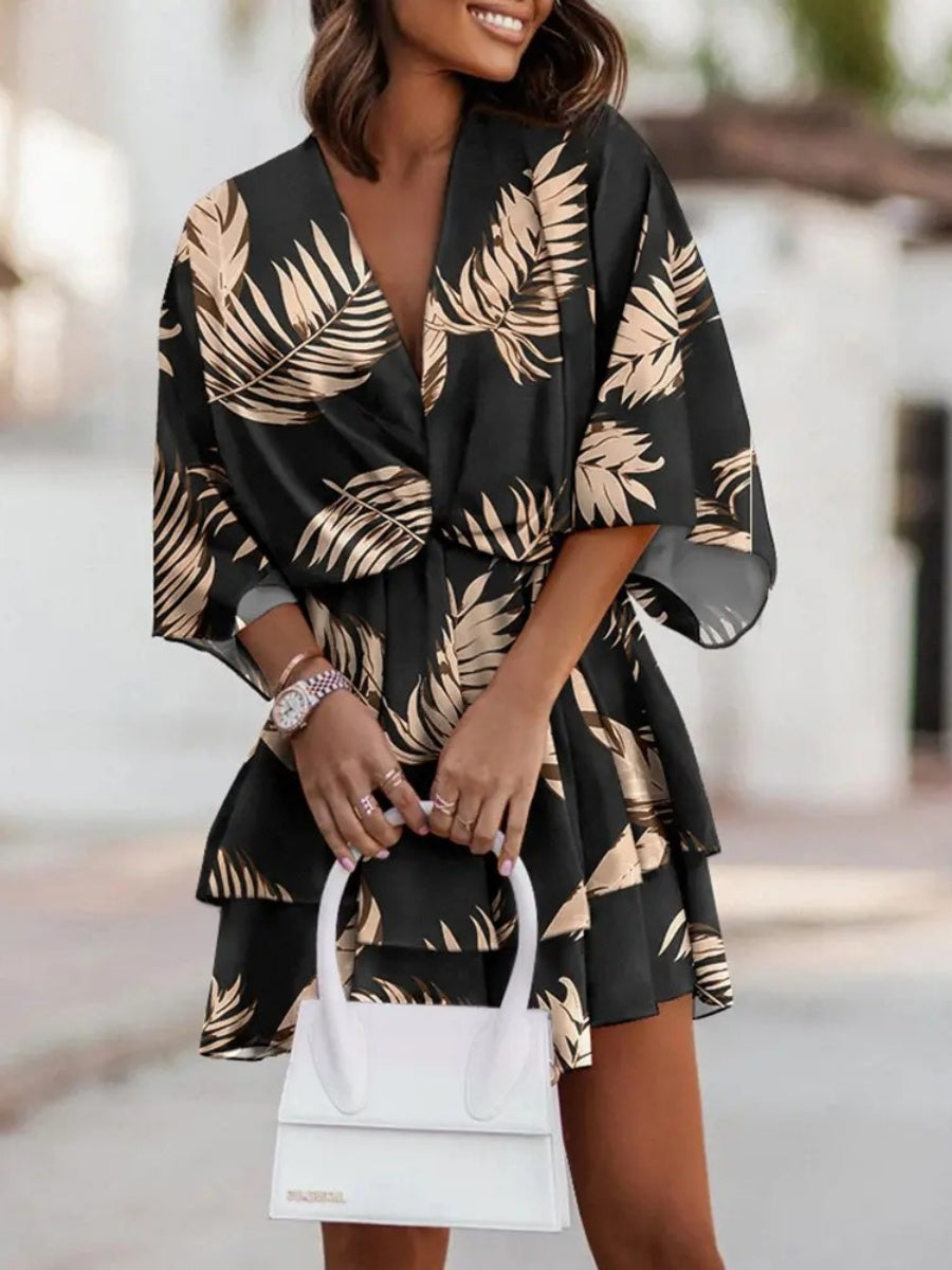 Loose-fit Batwing Sleeves Printed Commuting Mini&Short Dresses