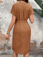 V-neck Solid Color Short-sleeved Dress With Bow Belt