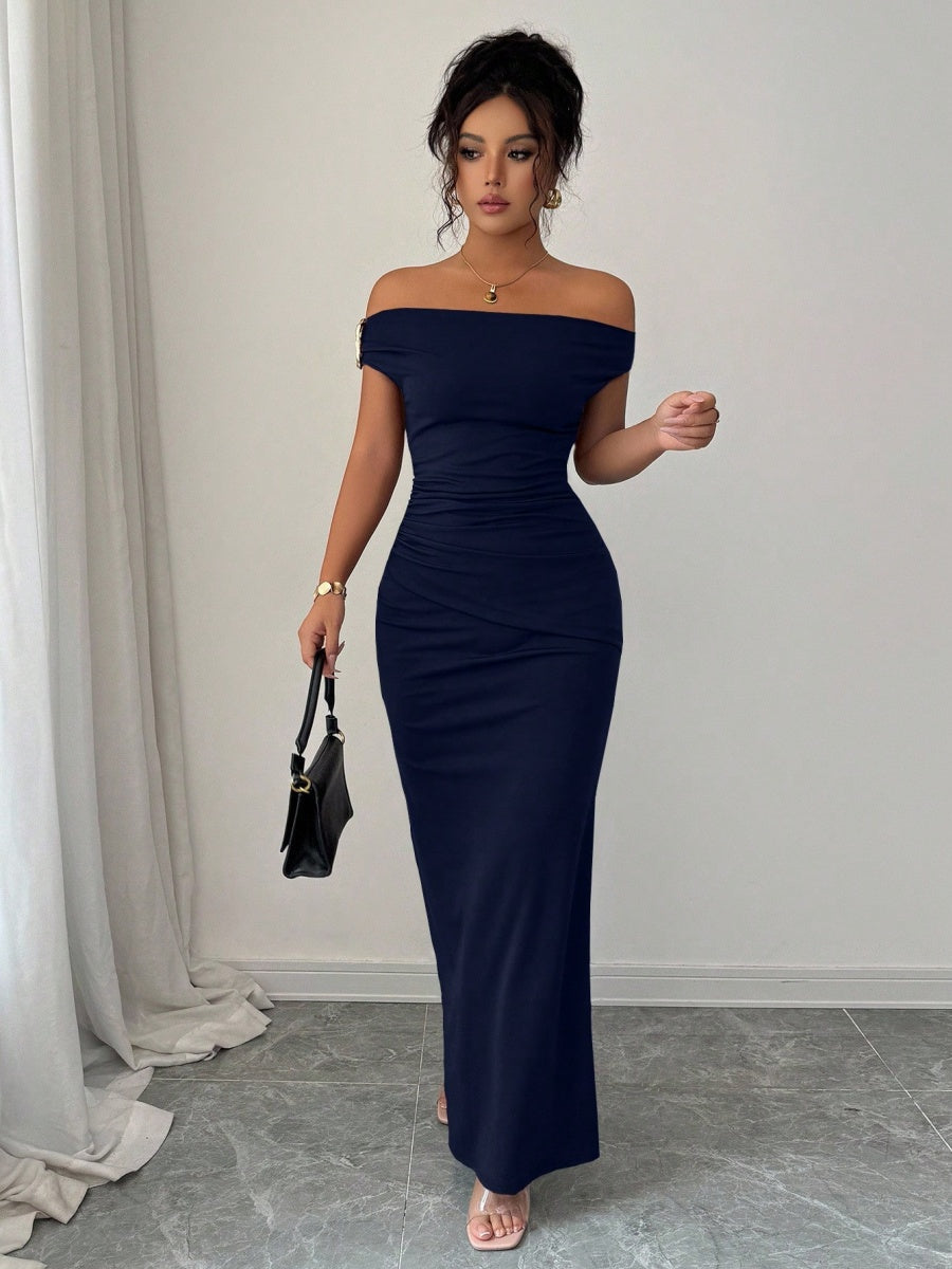 Off-shoulder Off Shoulder Pleated Metal Buckle Maxi Dresses
