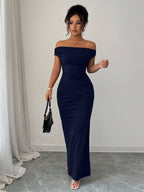 Off-shoulder Off Shoulder Pleated Metal Buckle Maxi Dresses