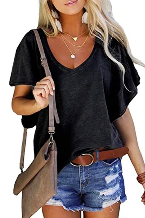 Casual V Neck Ruffle Short Sleeve T-shirt