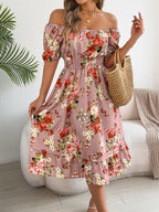 Ruffle Printed Vacation Off-shoulder Mini&Short Dresses