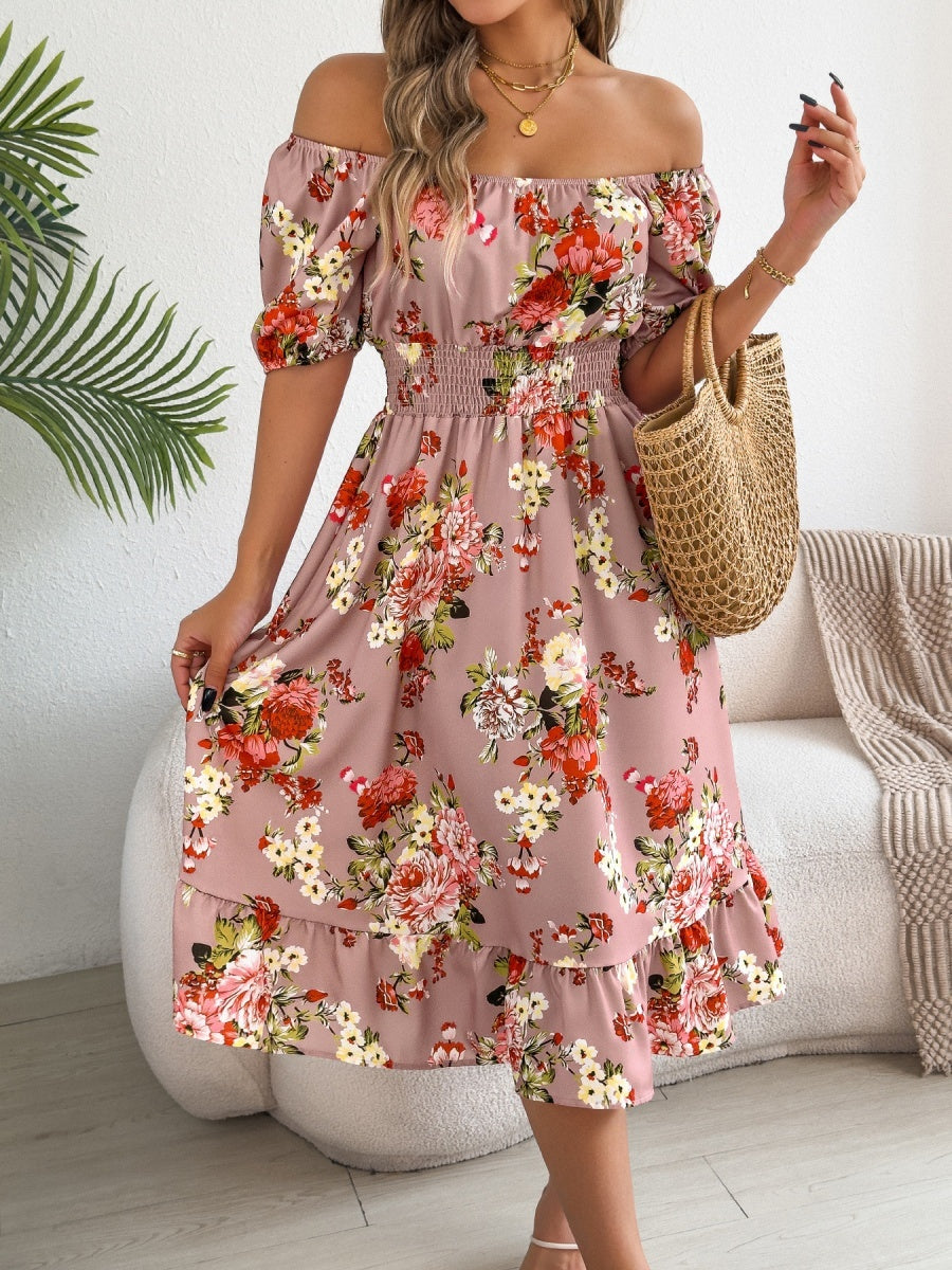 Ruffle Printed Vacation Off-shoulder Mini&Short Dresses