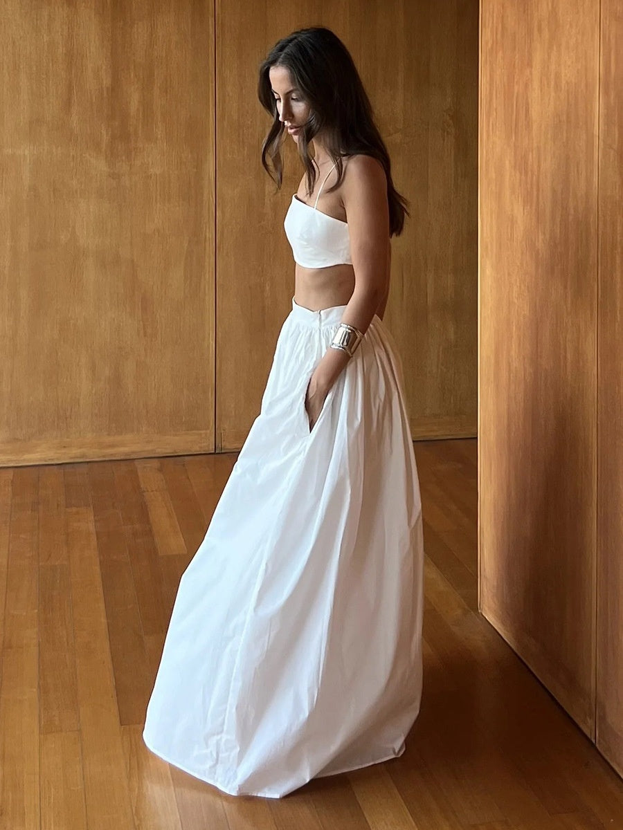 Pure Cotton Strapless Bra Jacket High-waisted Long Skirt Vacation Package 2-piece Sets