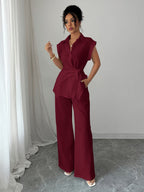 Lapel Sleeveless Kink Shirts Wide-leg Pants Business Suit 2-piece Sets