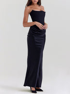 Satin Belted Strapless Off-the-shoulder Fishbone Pleated Long Bodycon Dress