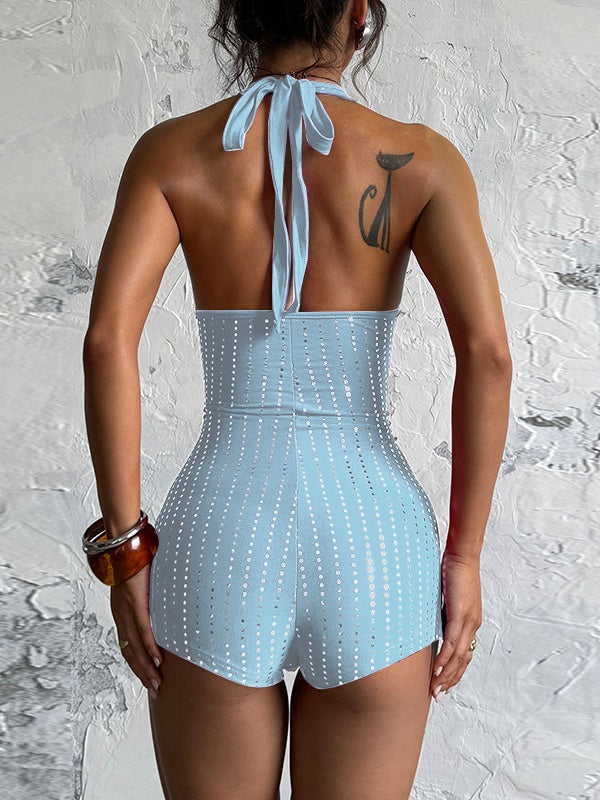 Slim-fit Rhinestone Deep V Backless Jumpsuit