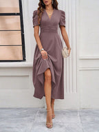 Pleated Waist Short Sleeve Maxi Dresses