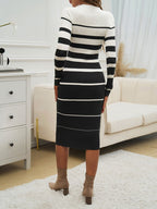 Striped Color-blocked Long-sleeved Bodycon Sweater Midi Dress