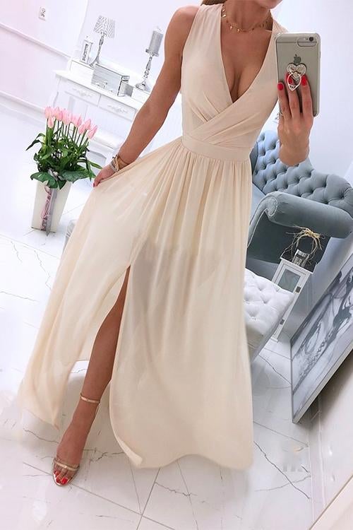 Deep V Neck Slit  Ruched Sleeveless Party Dress