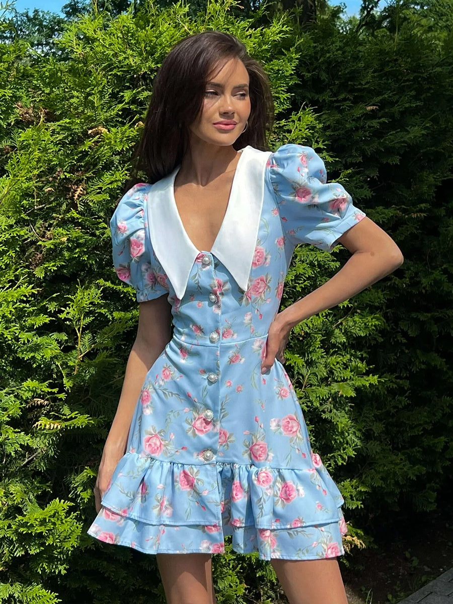 Waist Printed Floral Lapel Puff Sleeve Sweet Mini&Short Dresses