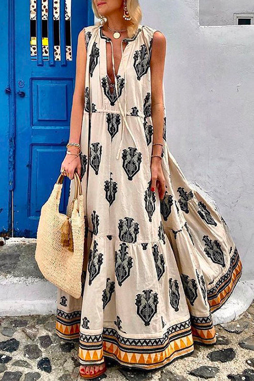 Tassle Deep V Neck Sleeveless Printed Maxi Swing Holiday Dress
