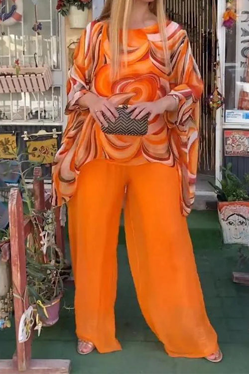 Printed Batwing Sleeves Irregular Top and Wide Leg Pants Chiffon Set