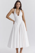 Olga Exclusive White Cotton Halterneck Midi Summer Dress Premium Wardrobe Essential