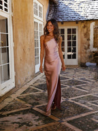 Satin Off-shoulder Pleated Waist Long Dress