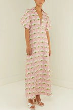 V Neck Short Sleeves Floral Print Maxi Holiday Dress