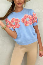 Crewneck Short Sleeves 3D Flower Sweater Top