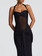 Neckband Lace Up Mesh Formal Dress Maxi Dresses