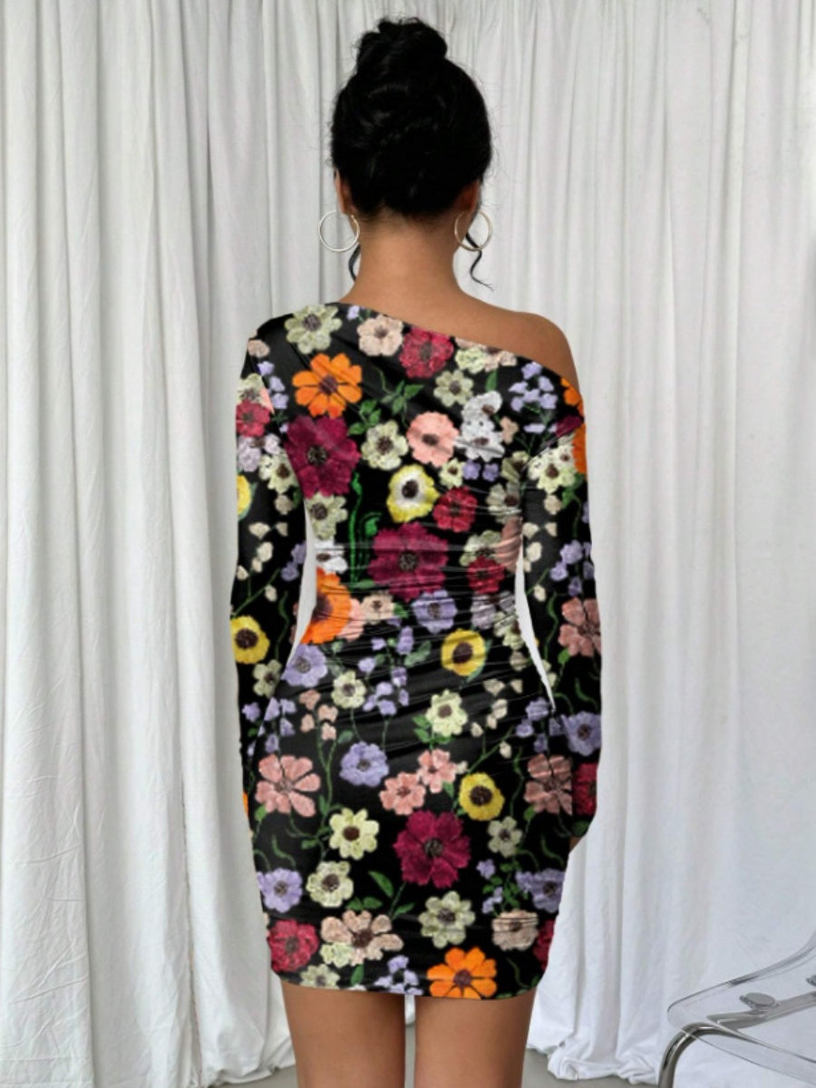 Pleated Slim-fit Hip-hugging Slant Collar Printed Mini&Short Dresses