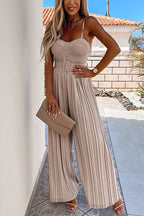 Spaghetti Strap Belted Pleated Wide Leg Jumpsuit