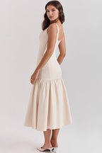 Sleeveless Scoop Neck Princess Seam Dropped Waist Gathered Flounce Midi Dress