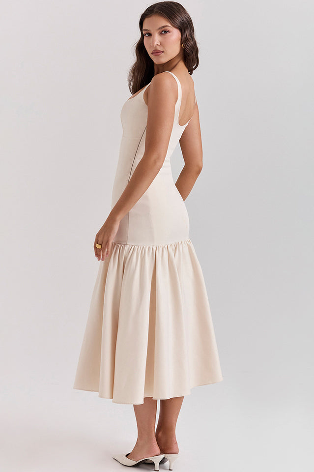 Sleeveless Scoop Neck Princess Seam Dropped Waist Gathered Flounce Midi Dress