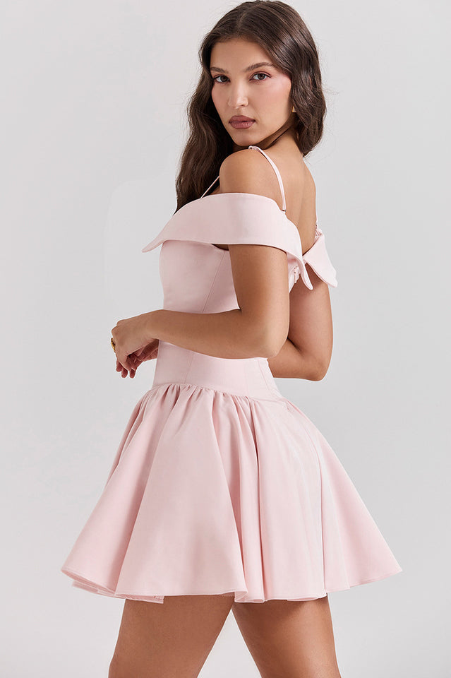Off Shoulder Foldover Collar Spaghetti Strap Pleated Fit and Flare Mini Dress