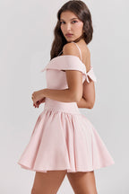 Off Shoulder Foldover Collar Spaghetti Strap Pleated Fit and Flare Mini Dress