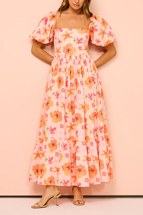 Square Neck Puff Sleeves Floral Print Ruffle Maxi Dress