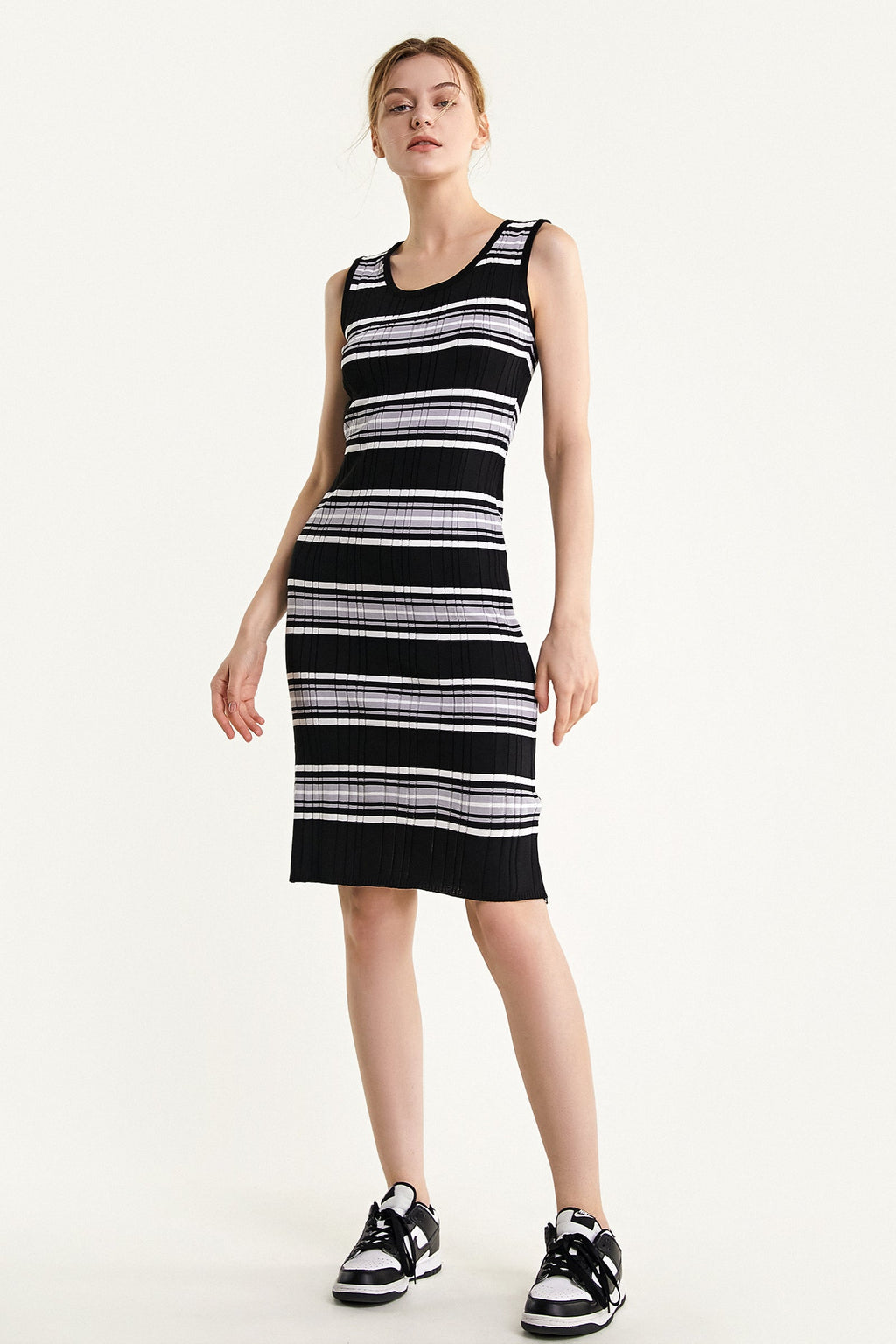 Scoop Neck Ribbed Knit Horizontal Stripe Tank Bodycon Midi Dress