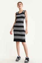 Scoop Neck Ribbed Knit Horizontal Stripe Tank Bodycon Midi Dress