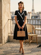Contrast Trim Lapel Collar Double Pocket A Line Retro Tea Dress For Women 2026