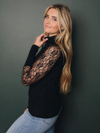 Lace Long Sleeves Tees High Collar Black Sexy Women's Top