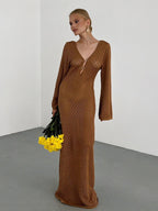 Crochet Deep V-Neck Bell Sleeve Open Knit Maxi Dress