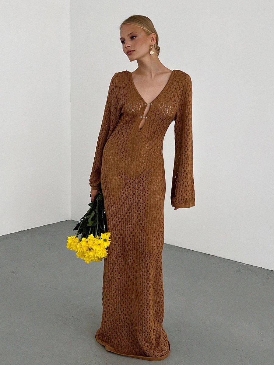 Crochet Deep V-Neck Bell Sleeve Open Knit Maxi Dress