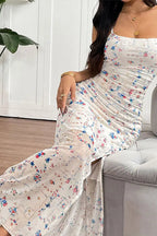 Floral Ruched Square Neck Spaghetti Strap High Split Bodycon Maxi Dress