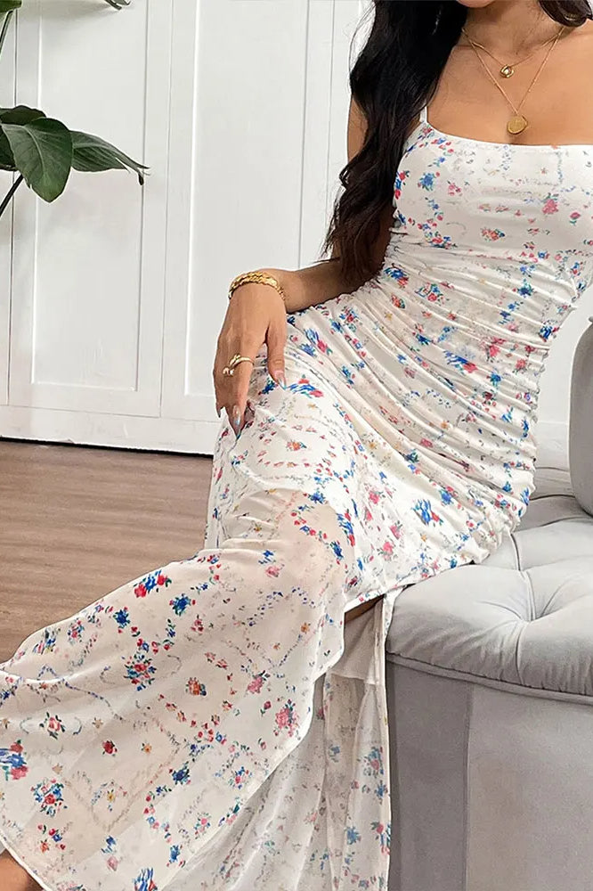 Floral Ruched Square Neck Spaghetti Strap High Split Bodycon Maxi Dress