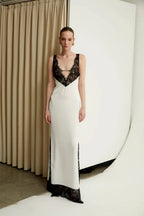 Satin Deep V-Neck Lace Panel Lace Trim Hem Maxi Slip Dress