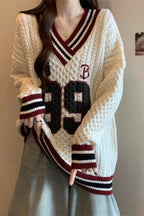 Contrast V-Neck Plus Size Sweater