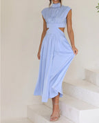 Chic Stand Collar Solid Color Sexy Waist Midi Dress