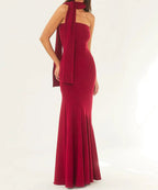 Strapless Pleated Scarf Neck Wrap Mermaid Maxi Gown