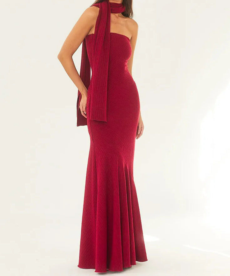 Strapless Pleated Scarf Neck Wrap Mermaid Maxi Gown