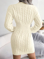 Solid V Neck Cable Knit Mini Dress
