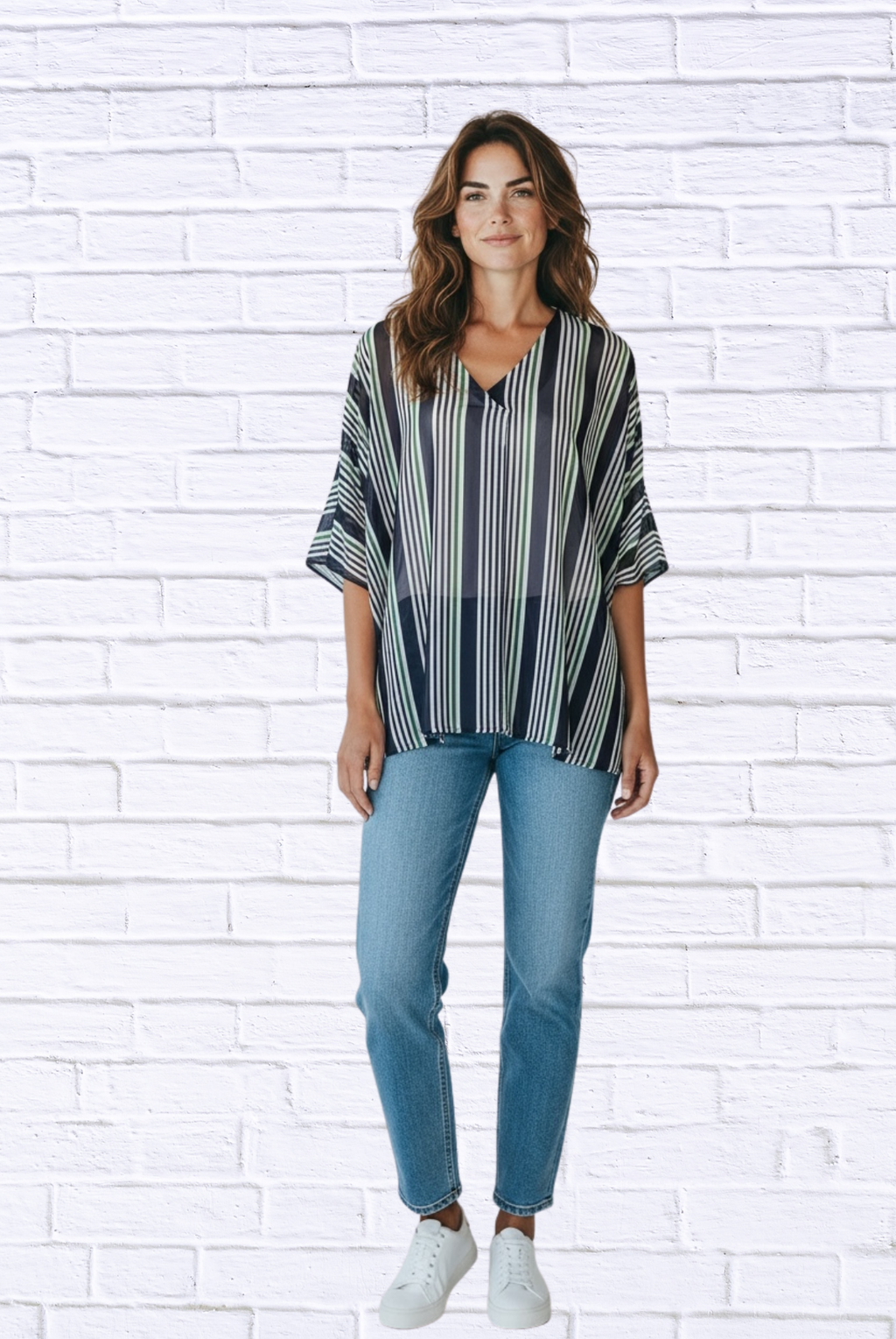 Striped Chiffon V-Neck Kaftan Top _ Flowing Sheer Oversized Blouse for Women