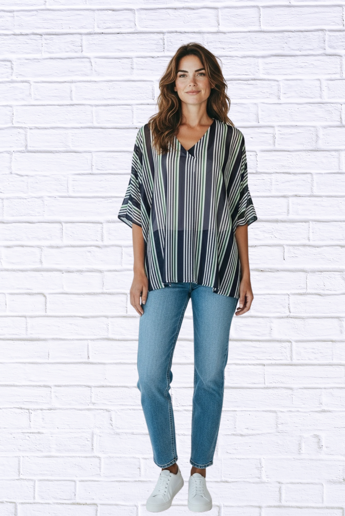 Striped Chiffon V-Neck Kaftan Top _ Flowing Sheer Oversized Blouse for Women