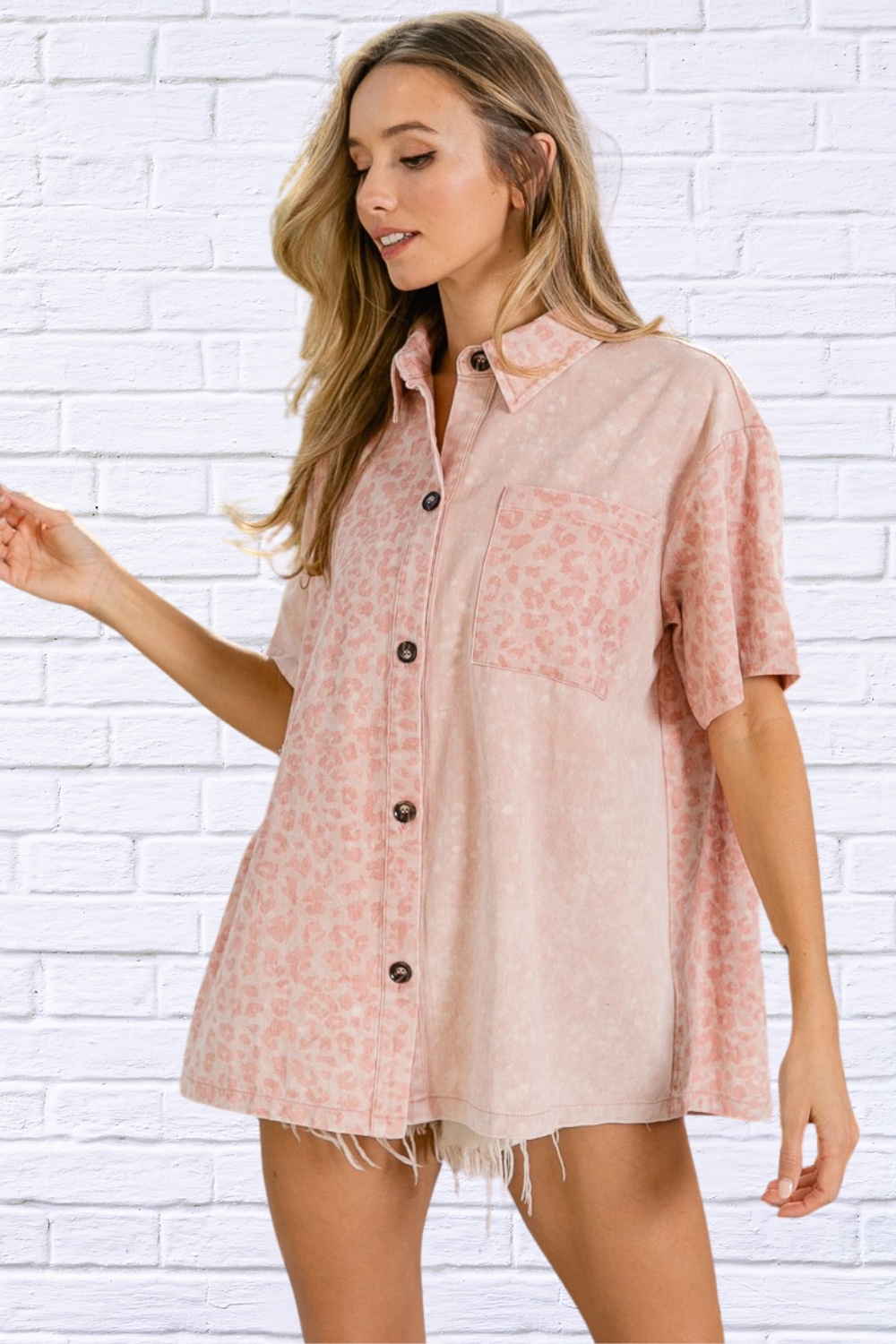 Unleash Your Wild Side _ Dusty Pink Mineral Washed Leopard Print Shirt