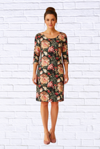 Vintage Floral Print 3/4 Sleeve Knit Dress _ Elegant Round Neck Knee-Length Dress