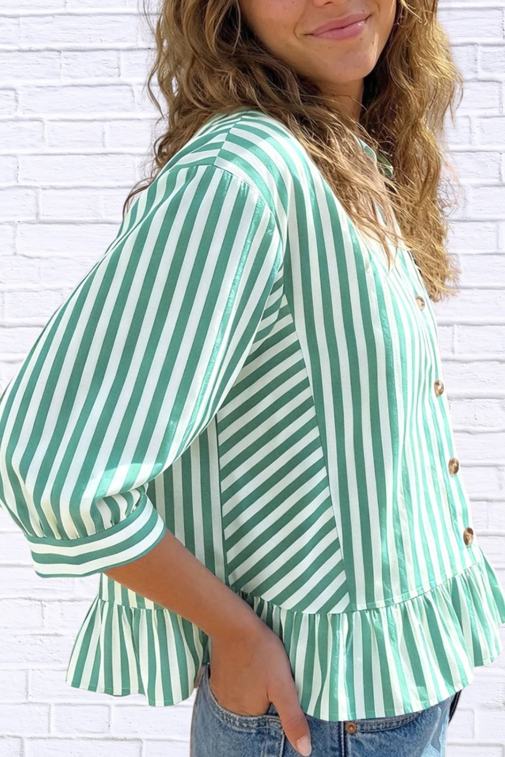Striped Ruffle Hem Button-Down Shirt | Chic Women__ Top