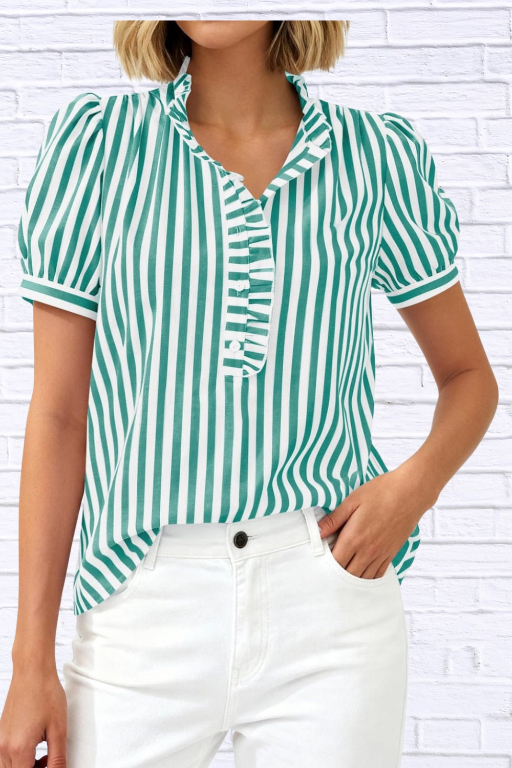 Frill Striped Puff Sleeve Blouse | Chic Women__ Top
