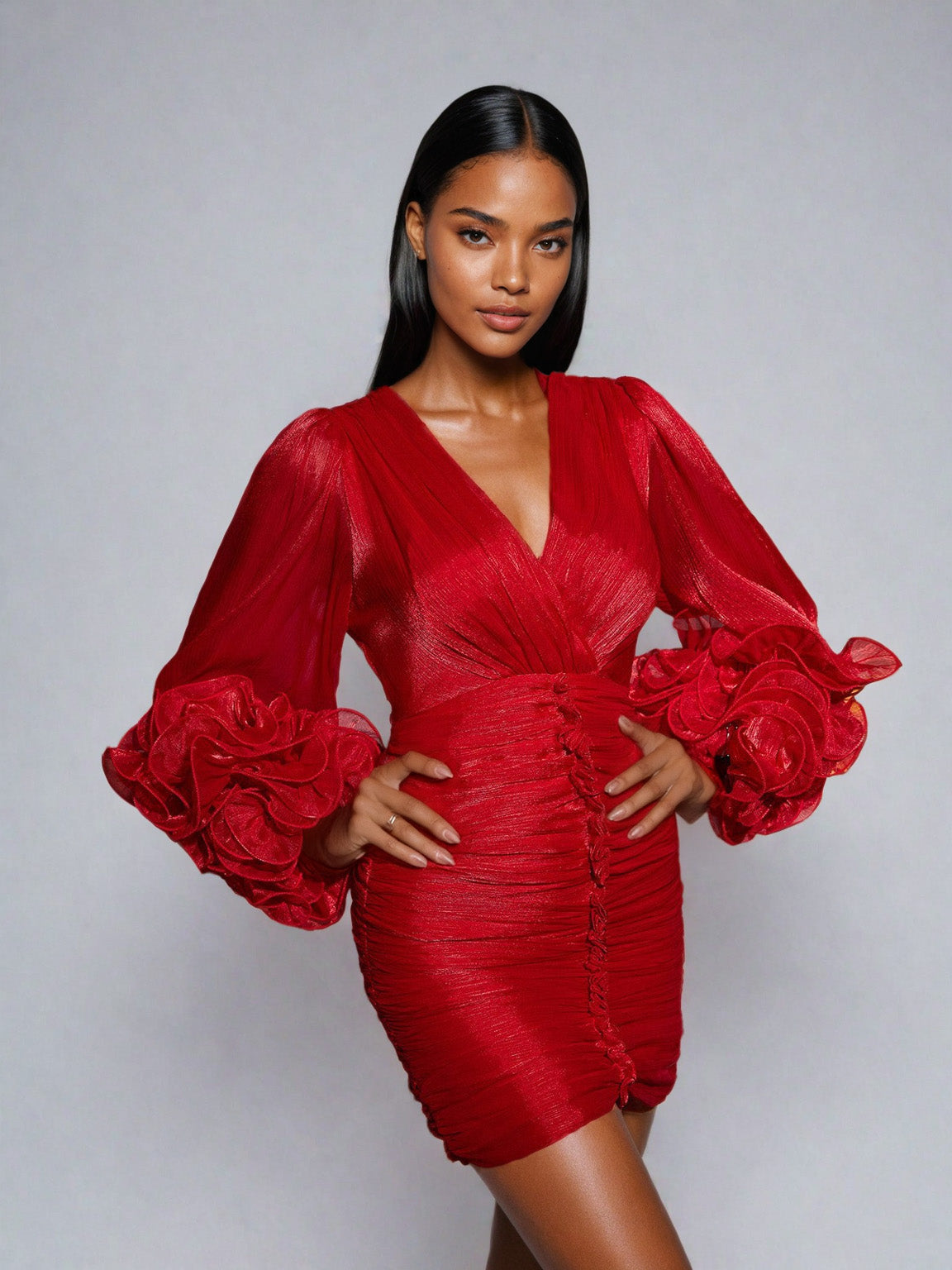 Metallic Wrap V-Neck Ruched Long Sleeve Rosette Cuff Bodycon Mini Dress